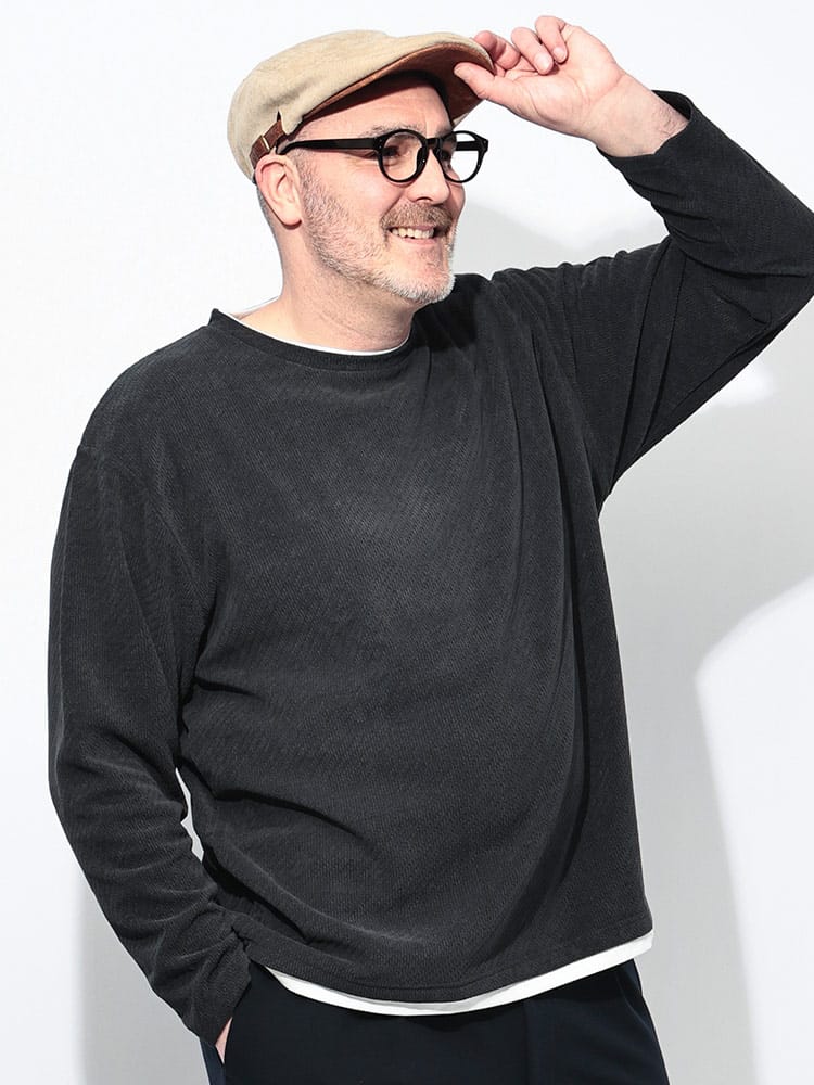 Tシャツ 長袖 メンズ 大きいサイズ モールジャガード フェイクレイヤード クルーネック トップス カットソー ロンT 春 秋