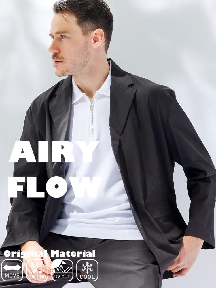 ジャケット メンズ 大きいサイズ AIRYFLOW ストレッチ 吸水速乾 UVカット 接触冷感 アウター テーラード シングル 涼しい 春 