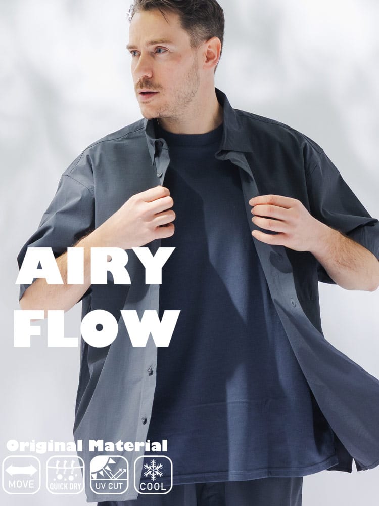 シャツ 半袖 メンズ 大きいサイズ AIRYFLOW ストレッチ 吸水速乾 UVカット 接触冷感 トップス カジュアルシャツ 無地 涼しい 春 夏 