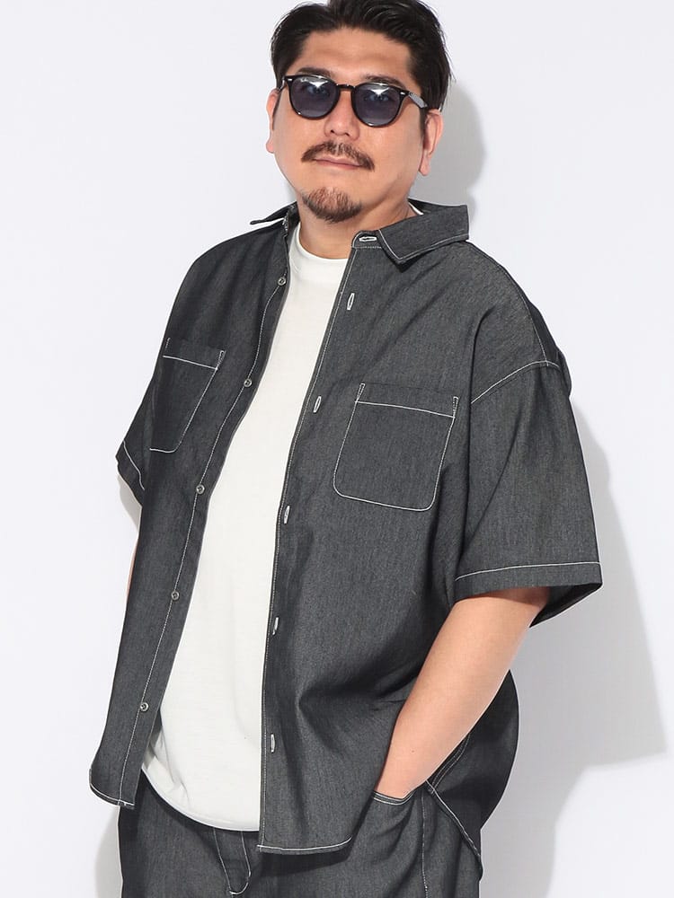 シャツ 半袖 メンズ 大きいサイズ BREEZE DENIM デニム レギュラーカラー ワークシャツ トップス ポケット カジュアル 春 夏