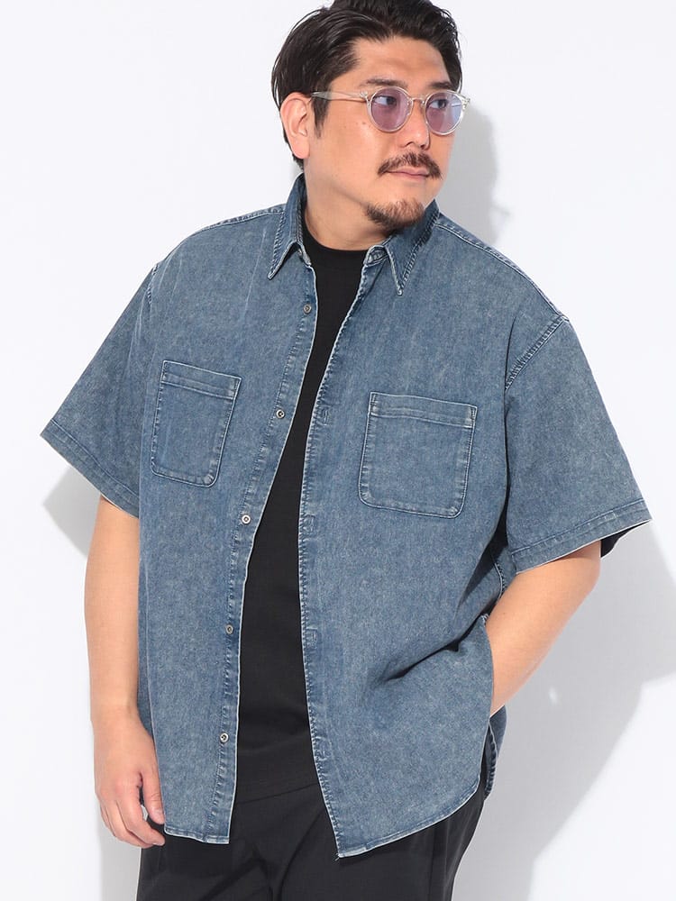シャツ 半袖 メンズ 大きいサイズ BREEZE DENIM デニム レギュラーカラー ワークシャツ トップス ポケット カジュアル 春 夏
