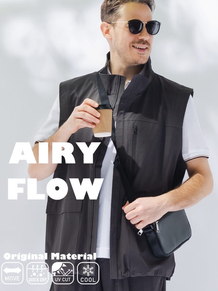 ベスト メンズ 大きいサイズ AIRYFLOW ストレッチ 吸水速乾 UVカット 接触冷感 フルジップ フィールドベスト トップス スタンド ワークベスト 涼しい 春 夏 