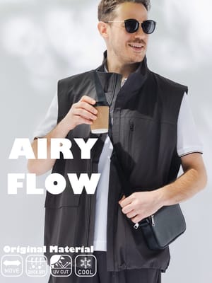 ベスト メンズ 大きいサイズ AIRYFLOW ストレッチ 吸水速乾 UVカット 接触冷感 フルジップ フィールドベスト トップス スタンド ワークベスト 涼しい 春 夏 