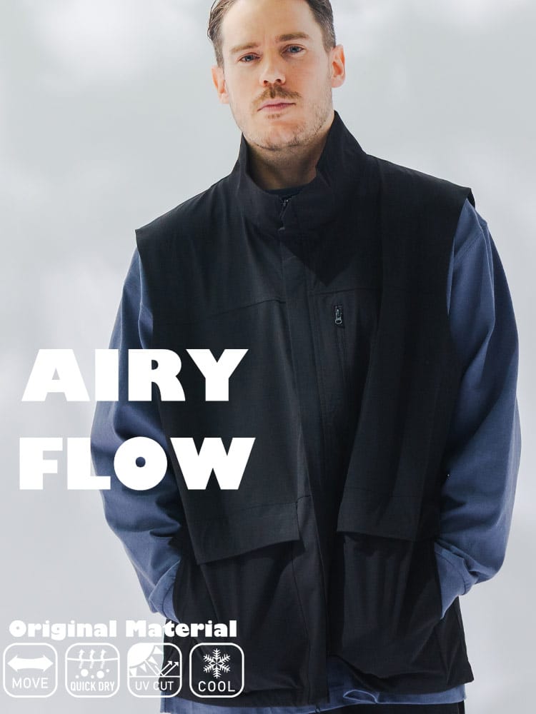 ベスト メンズ 大きいサイズ AIRYFLOW ストレッチ 吸水速乾 UVカット 接触冷感 フルジップ フィールドベスト トップス スタンド ワークベスト 涼しい 春 夏 