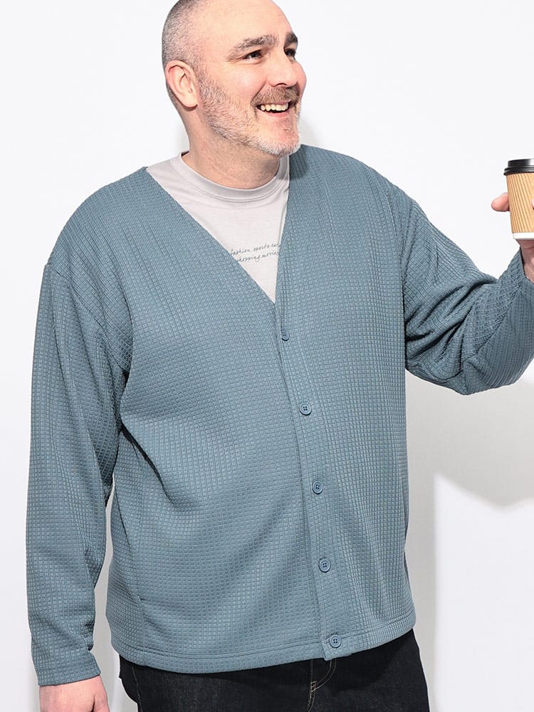 カーディガン 長袖 メンズ 大きいサイズ ブロックジャガード Vネック トップス カーデ 羽織 ボタン 春 秋