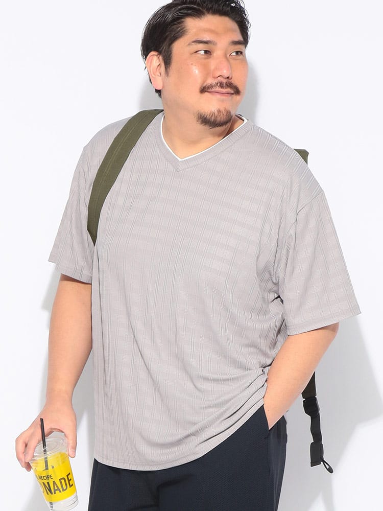 Tシャツ 半袖 メンズ 大きいサイズ チェックジャガード カットソー トップス Vネック 総柄 春 夏