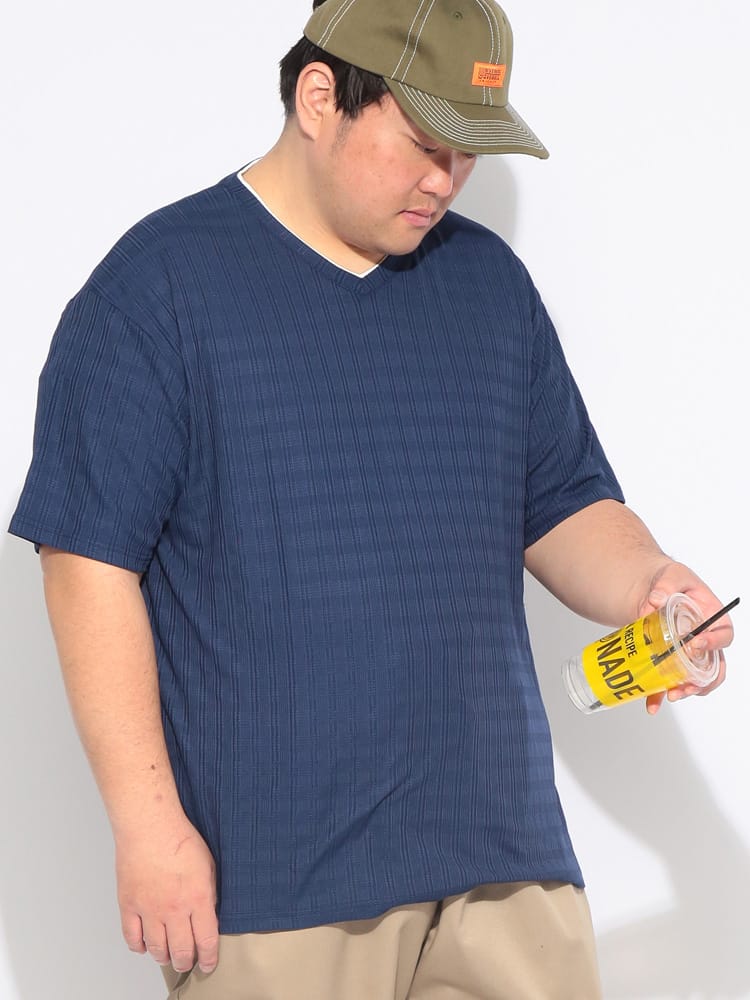 Tシャツ 半袖 メンズ 大きいサイズ チェックジャガード カットソー トップス Vネック 総柄 春 夏