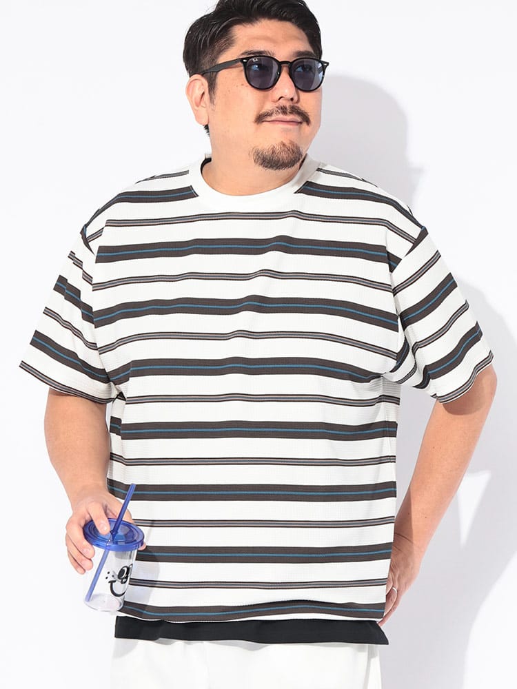 【WEB限定価格】Tシャツ 半袖 メンズ 大きいサイズ DRY ワッフル ボーダー ストレッチ ドローコード トップス カジュアル 春 夏