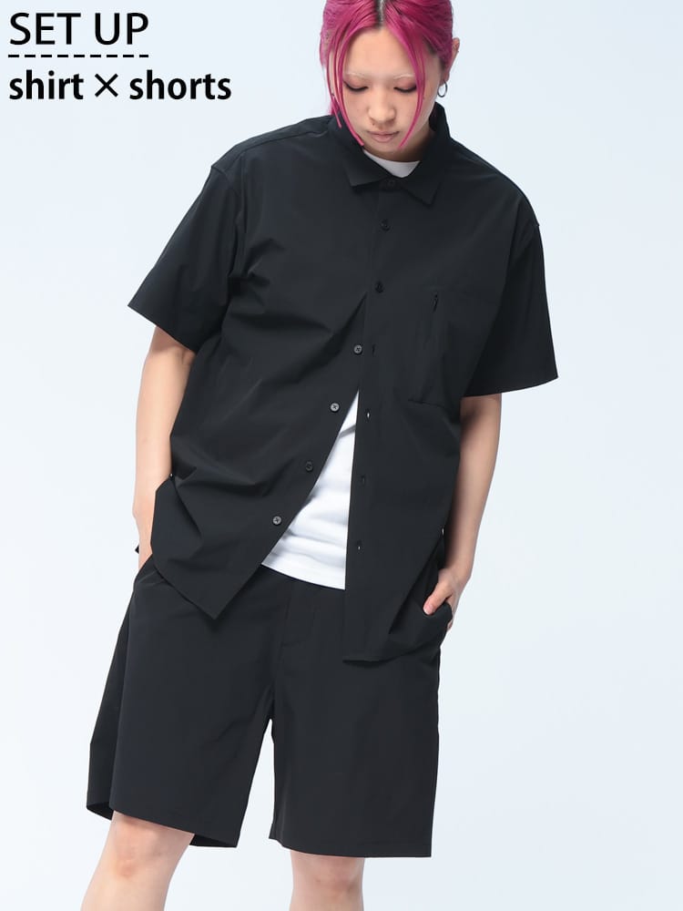 S＆SONS (エスアンドサンズ) 半袖シャツ ショートパンツ セットアップ ユニセックス ドライ ストレッチナイロン シャツ ショート 上下セット