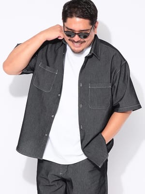 シャツ 半袖 メンズ 大きいサイズ ストレッチ 冷感 BREEZE DENIM カジュアルシャツ トップス デニムシャツ 羽織 薄手 シンプル ポケット 伸びる 冷たい 春 夏