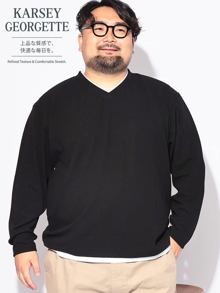 Tシャツ 長袖 メンズ 大きいサイズ フェイクレイヤード Vネックカルゼジョーゼット トップス ストレッチ ドライ 紫外線対策 ロンT
