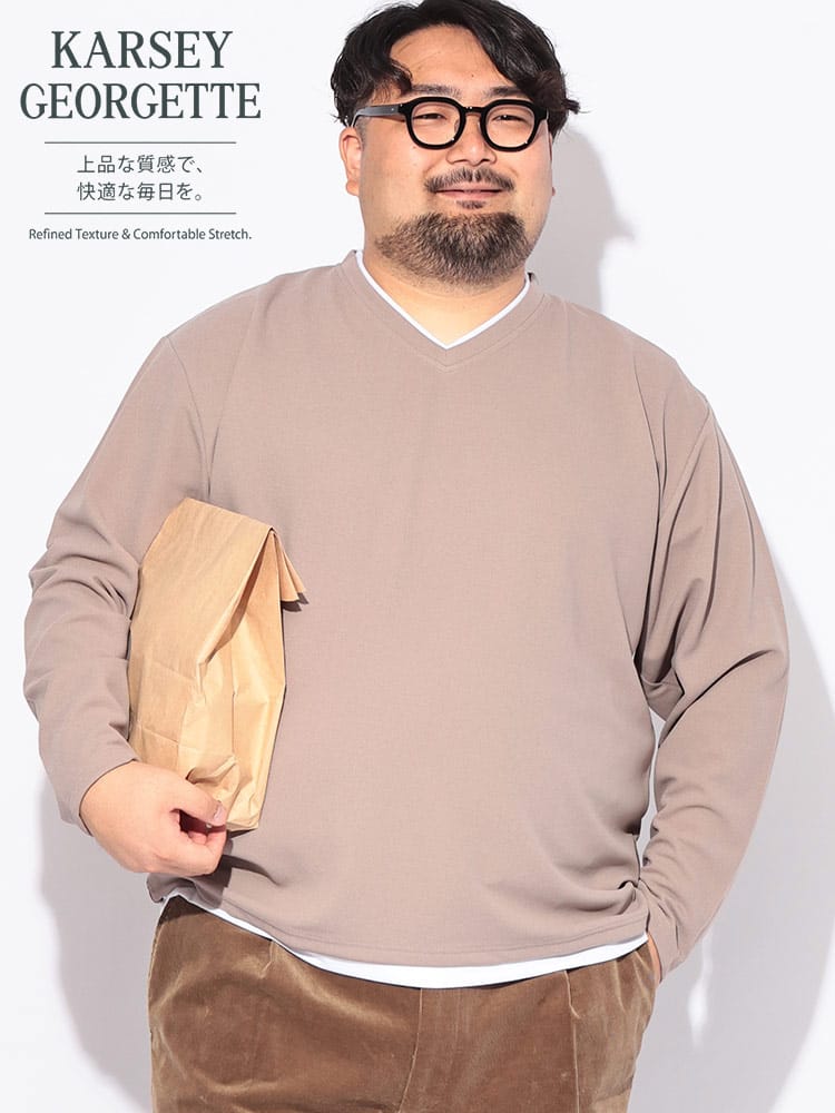 Tシャツ 長袖 メンズ 大きいサイズ フェイクレイヤード Vネックカルゼジョーゼット トップス ストレッチ ドライ 紫外線対策 ロンT