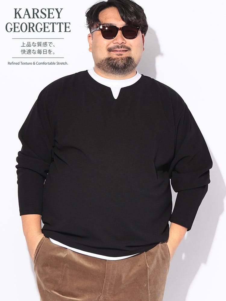 Tシャツ 長袖 メンズ 大きいサイズ フェイクレイヤード キーネックカルゼジョーゼット トップス ストレッチ ドライ 紫外線対策 ロンT