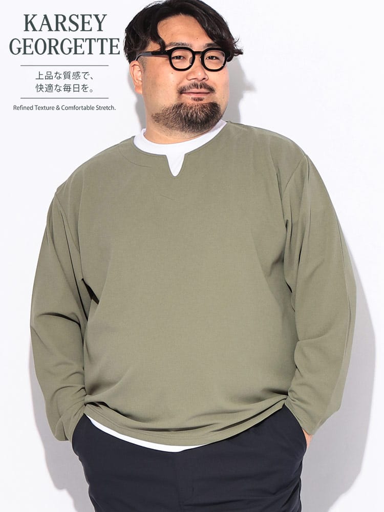 Tシャツ 長袖 メンズ 大きいサイズ フェイクレイヤード キーネックカルゼジョーゼット トップス ストレッチ ドライ 紫外線対策 ロンT