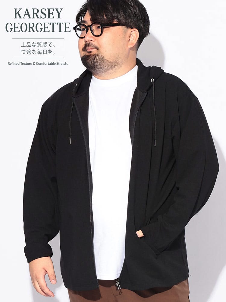 パーカー 長袖 メンズ 大きいサイズ フルジップ フードデッド カルゼジョーゼット トップス ストレッチ ドライ 紫外線対策 秋 冬