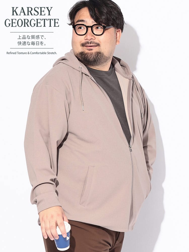 パーカー 長袖 メンズ 大きいサイズ フルジップ フードデッド カルゼジョーゼット トップス ストレッチ ドライ 紫外線対策 秋 冬