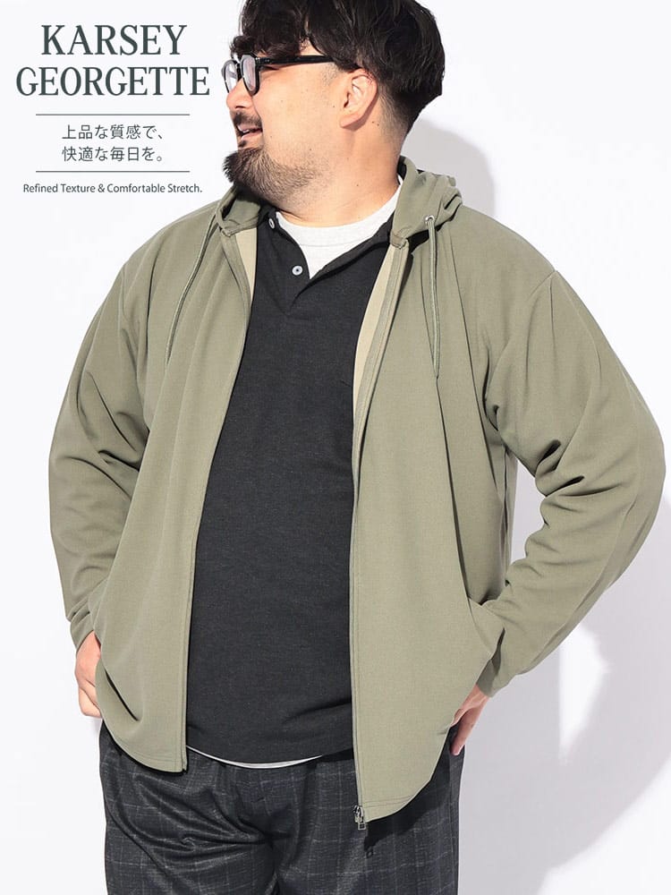 パーカー 長袖 メンズ 大きいサイズ フルジップ フードデッド カルゼジョーゼット トップス ストレッチ ドライ 紫外線対策 秋 冬