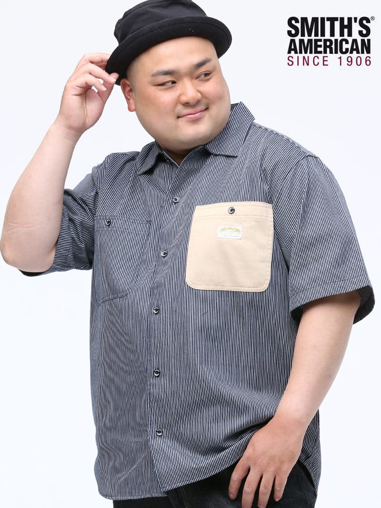 大きいサイズ メンズ SMITH'S AMERICAN (スミスアメリカン) ポケット切り替え ストライプ 半袖 ワークシャツ