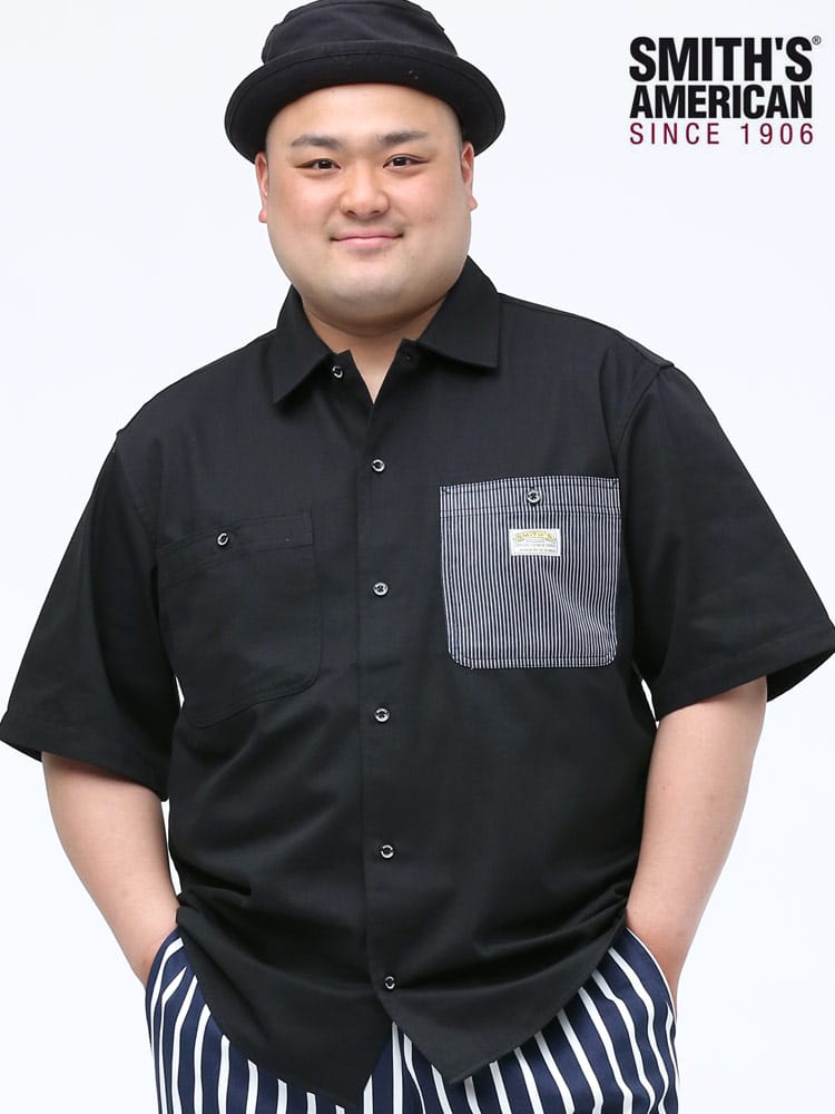 大きいサイズ メンズ SMITH'S AMERICAN (スミスアメリカン) ポケット切り替え ストライプ 半袖 ワークシャツ