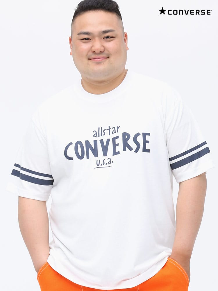 大きいサイズ メンズ CONVERSE (コンバース) 天竺 袖ライン ロゴプリント クルーネック 半袖 Tシャツ
