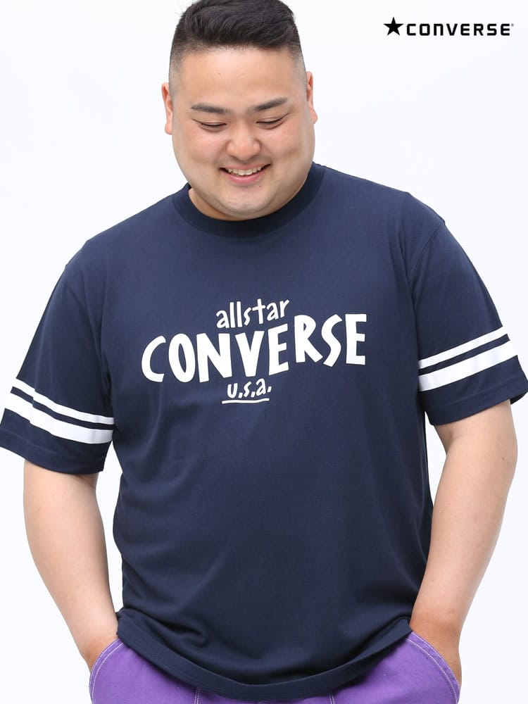 大きいサイズ メンズ CONVERSE (コンバース) 天竺 袖ライン ロゴプリント クルーネック 半袖 Tシャツ