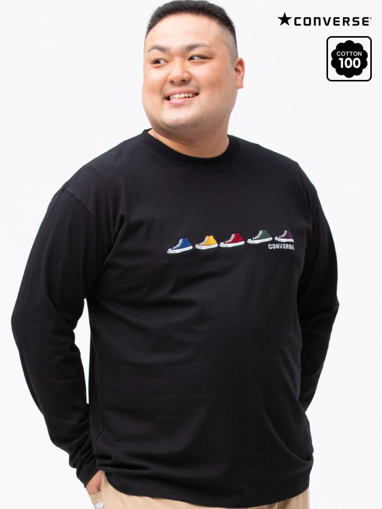 大きいサイズ メンズ CONVERSE (コンバース) 綿100％ スニーカー刺繍 クルーネック 長袖 Tシャツ ロンT