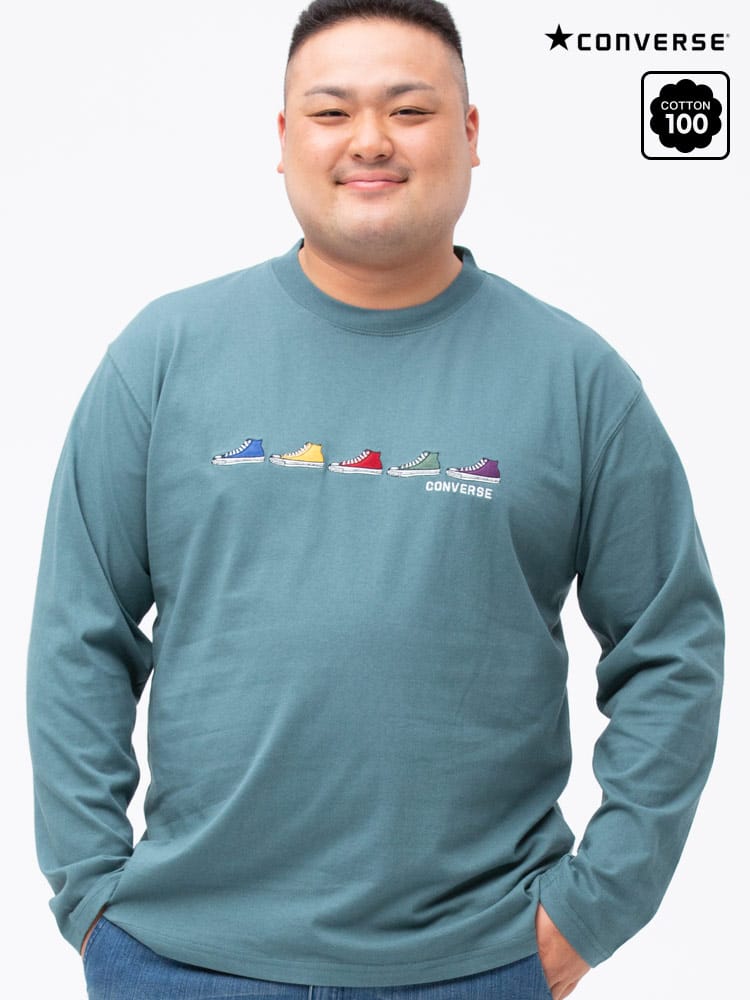 大きいサイズ メンズ CONVERSE (コンバース) 綿100％ スニーカー刺繍 クルーネック 長袖 Tシャツ ロンT