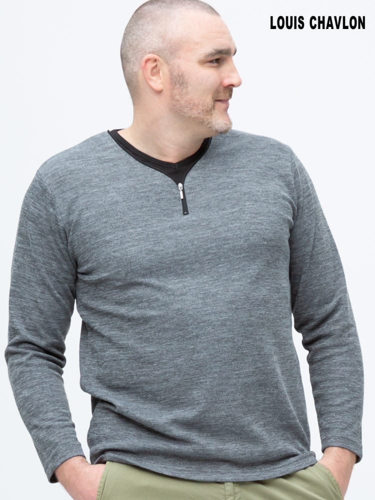 大きいサイズ メンズ LOUIS CHAVLON (ルイシャブロン) デオドラントテープ ジップ フェイクレイヤード 長袖 Tシャツ ロンT