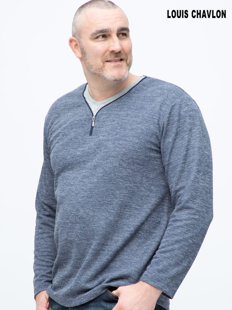 大きいサイズ メンズ LOUIS CHAVLON (ルイシャブロン) デオドラントテープ ジップ フェイクレイヤード 長袖 Tシャツ ロンT