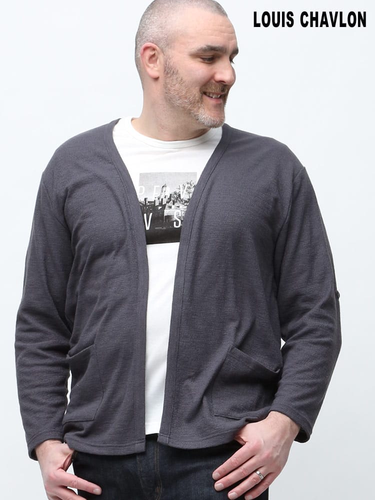 大きいサイズ メンズ LOUIS CHAVLON (ルイシャブロン) ロールアップ カーディガン プリント 半袖 Tシャツ アンサンブル
