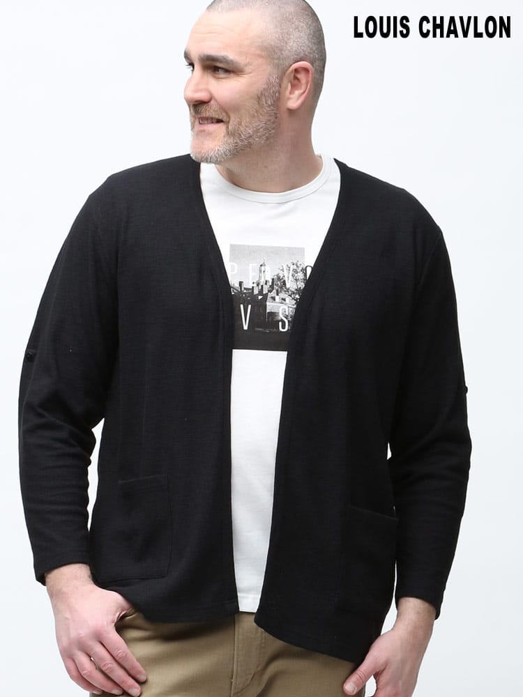 大きいサイズ メンズ LOUIS CHAVLON (ルイシャブロン) ロールアップ カーディガン プリント 半袖 Tシャツ アンサンブル