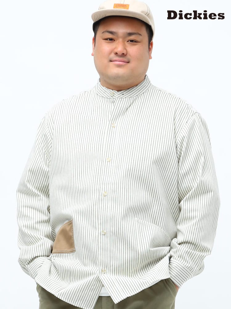 大きいサイズ メンズ GENUINE DICKIES (ジェニュインディッキーズ) コットン ポケット切り替え バンドカラー 長袖 ガーデナー シャツ