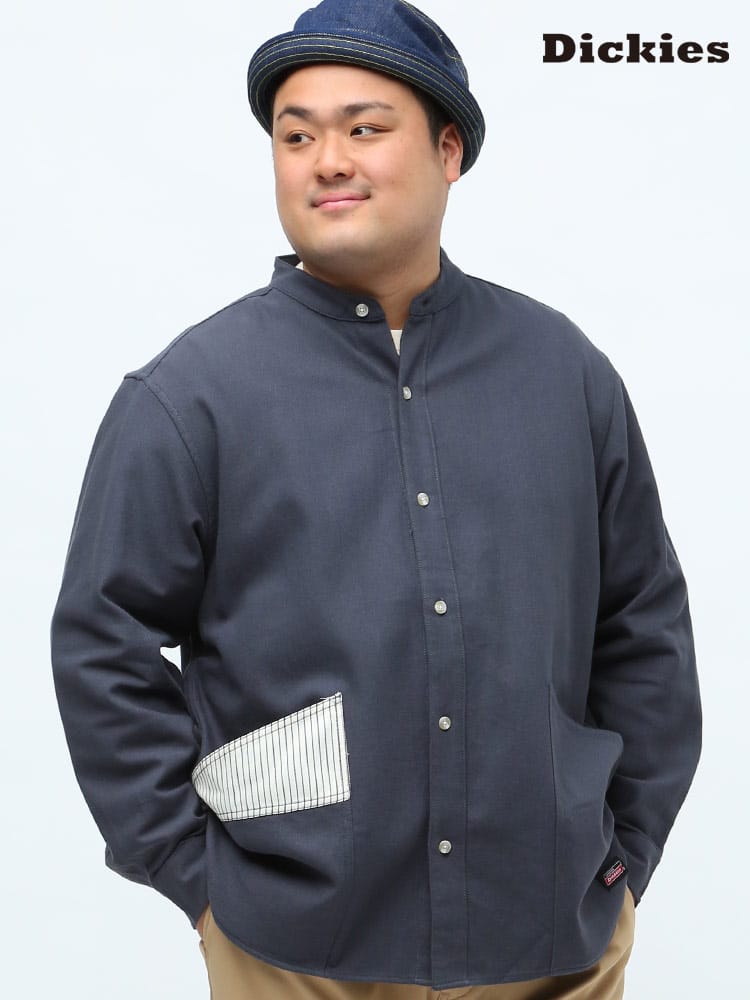 大きいサイズ メンズ GENUINE DICKIES (ジェニュインディッキーズ) コットン ポケット切り替え バンドカラー 長袖 ガーデナー シャツ