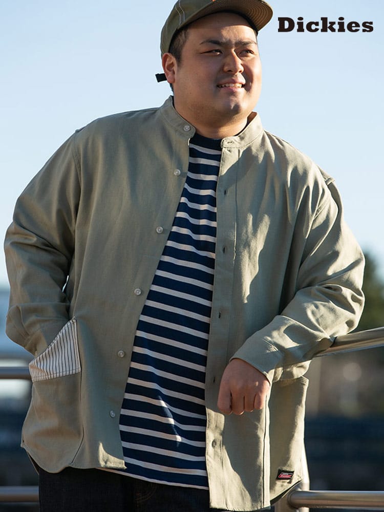 大きいサイズ メンズ GENUINE DICKIES (ジェニュインディッキーズ) コットン ポケット切り替え バンドカラー 長袖 ガーデナー シャツ