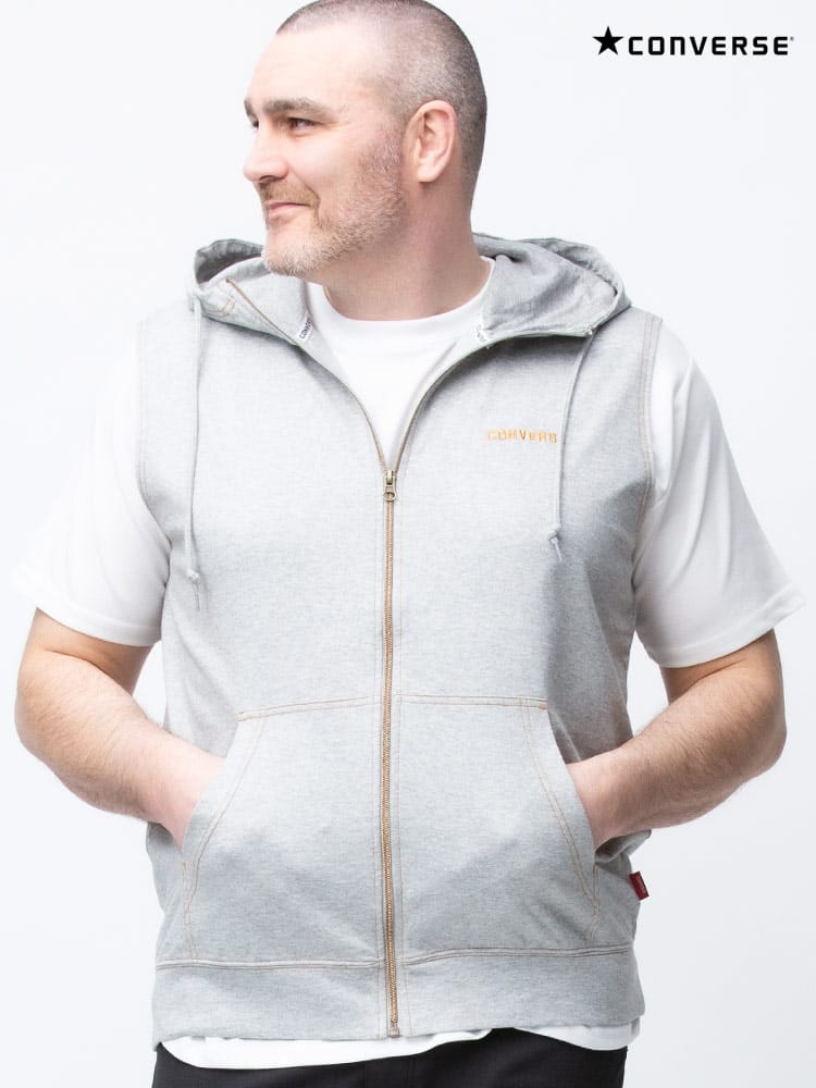 大きいサイズ メンズ CONVERSE (コンバース) フード付き 胸ロゴ フルジップ ベスト