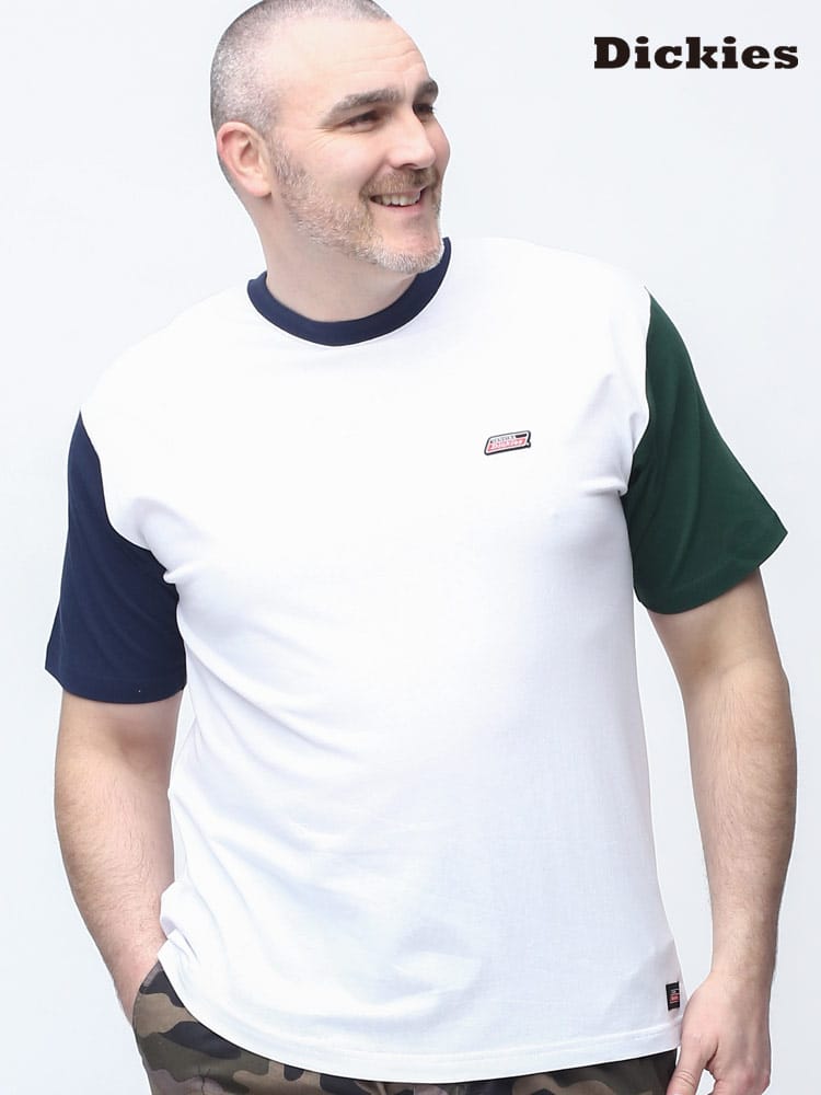 在庫処分 返品交換不可 大きいサイズ メンズ GENUINE DICKIES (ジェニュインディッキーズ) ミニワッペン 切り替え クルーネック 半袖 Tシャツ