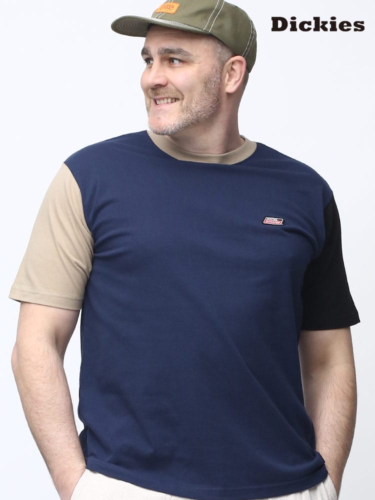 在庫処分 返品交換不可 大きいサイズ メンズ GENUINE DICKIES (ジェニュインディッキーズ) ミニワッペン 切り替え クルーネック 半袖 Tシャツ