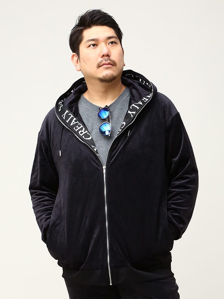 在庫処分 返品交換不可 大きいサイズ メンズ CREALY (クリアリー) ベロア ロゴ フルジップ パーカー