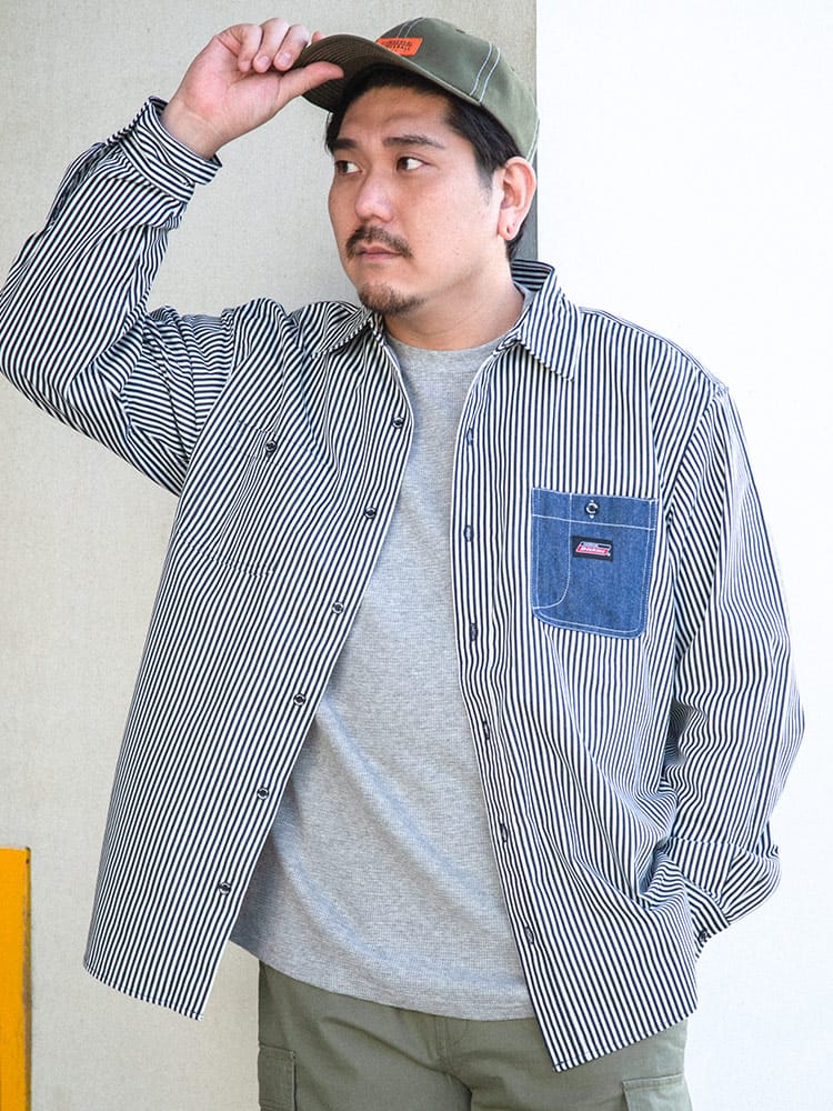 大きいサイズ メンズ GENUINE DICKIES (ジェニュインディッキーズ) ツイル バックプリント 長袖 ワークシャツ