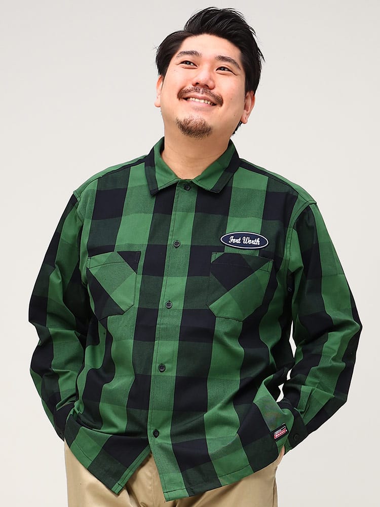 大きいサイズ メンズ GENUINE DICKIES (ジェニュインディッキーズ) ワッペン ブロックチェック 長袖 シャツ