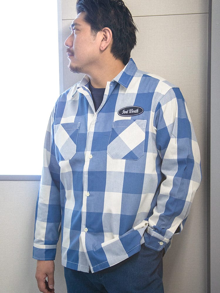大きいサイズ メンズ GENUINE DICKIES (ジェニュインディッキーズ) ワッペン ブロックチェック 長袖 シャツ