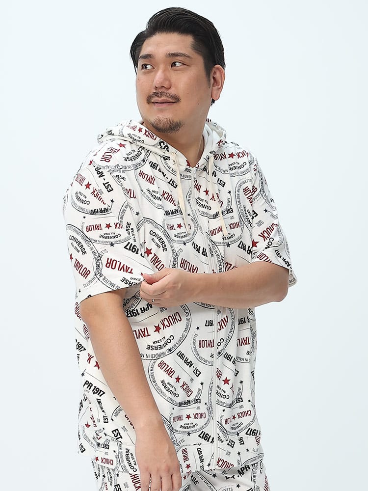 大きいサイズ メンズ CONVERSE (コンバース) ミニ裏毛 総柄 フルジップ 半袖 パーカー