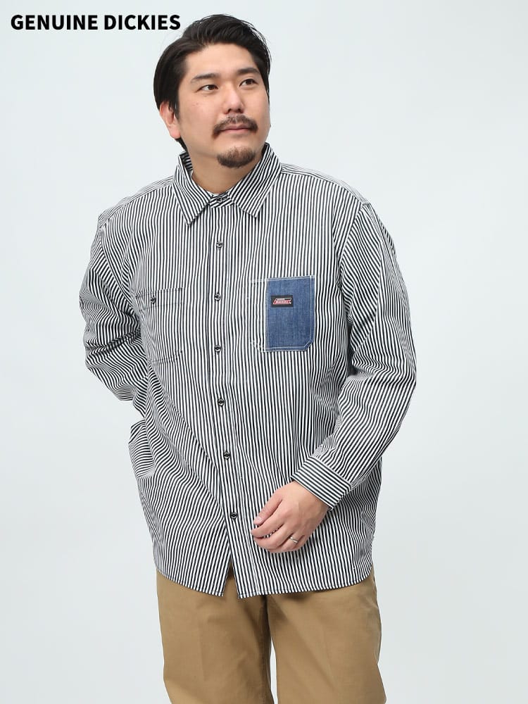 在庫処分 返品交換不可 GENUINE DICKIES ジェニュインディッキーズ ワークシャツ ストライプ デニム 長袖 シャツ 大きいサイズ メンズ