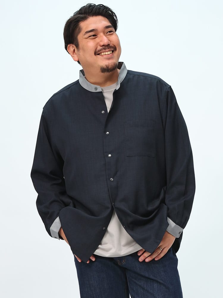 長袖 オーバーシャツ クレリックバンドカラー フルボタン トップス シャツ 長袖 大きいサイズ メンズ