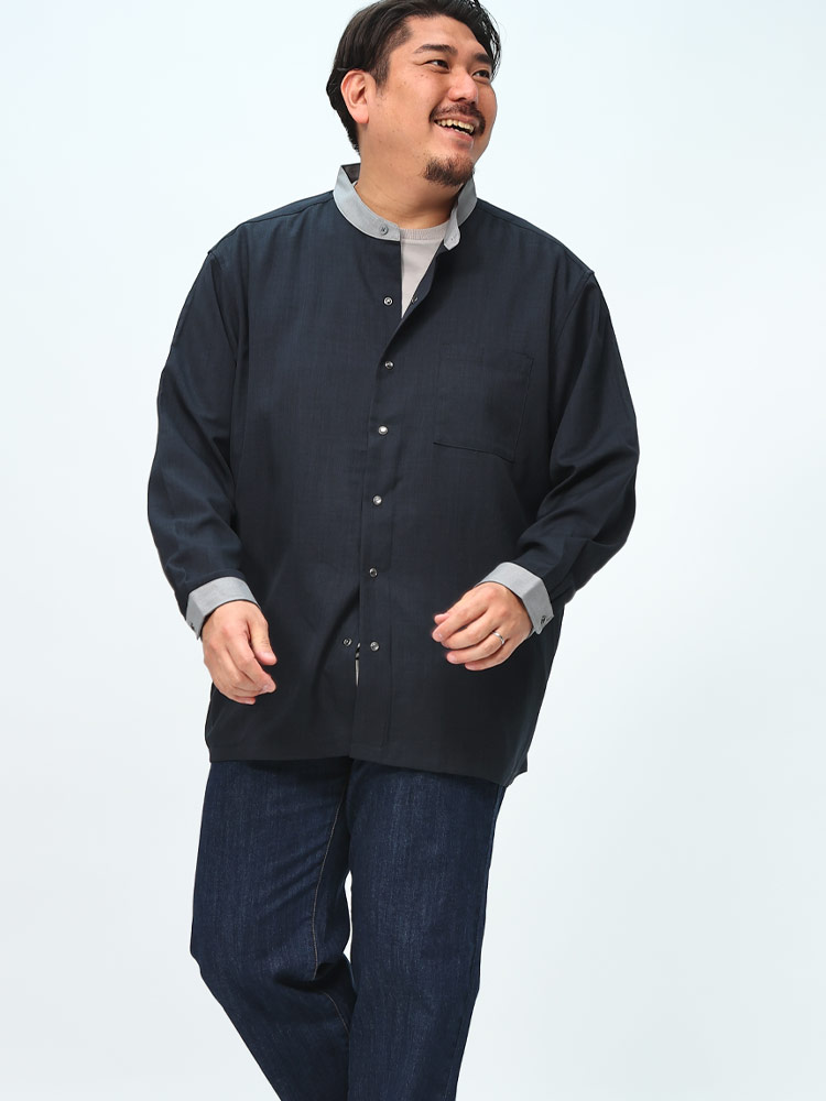 長袖 オーバーシャツ クレリックバンドカラー フルボタン トップス