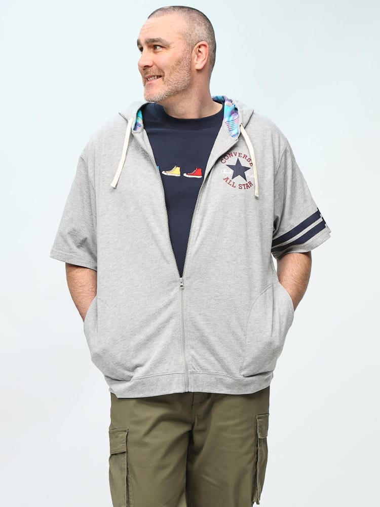 半袖 パーカー フード裏チェック柄 ロゴプリント フルジップ トップス パーカー ジップパーカー 大きいサイズ メンズ