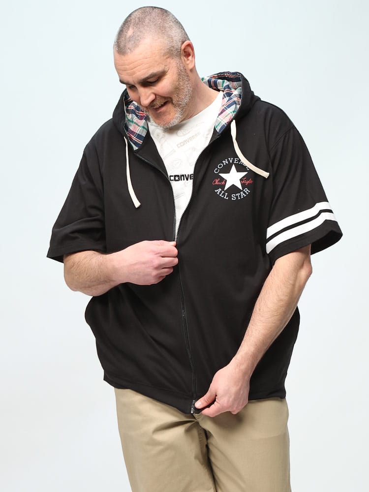 半袖 パーカー フード裏チェック柄 ロゴプリント フルジップ トップス パーカー ジップパーカー 大きいサイズ メンズ