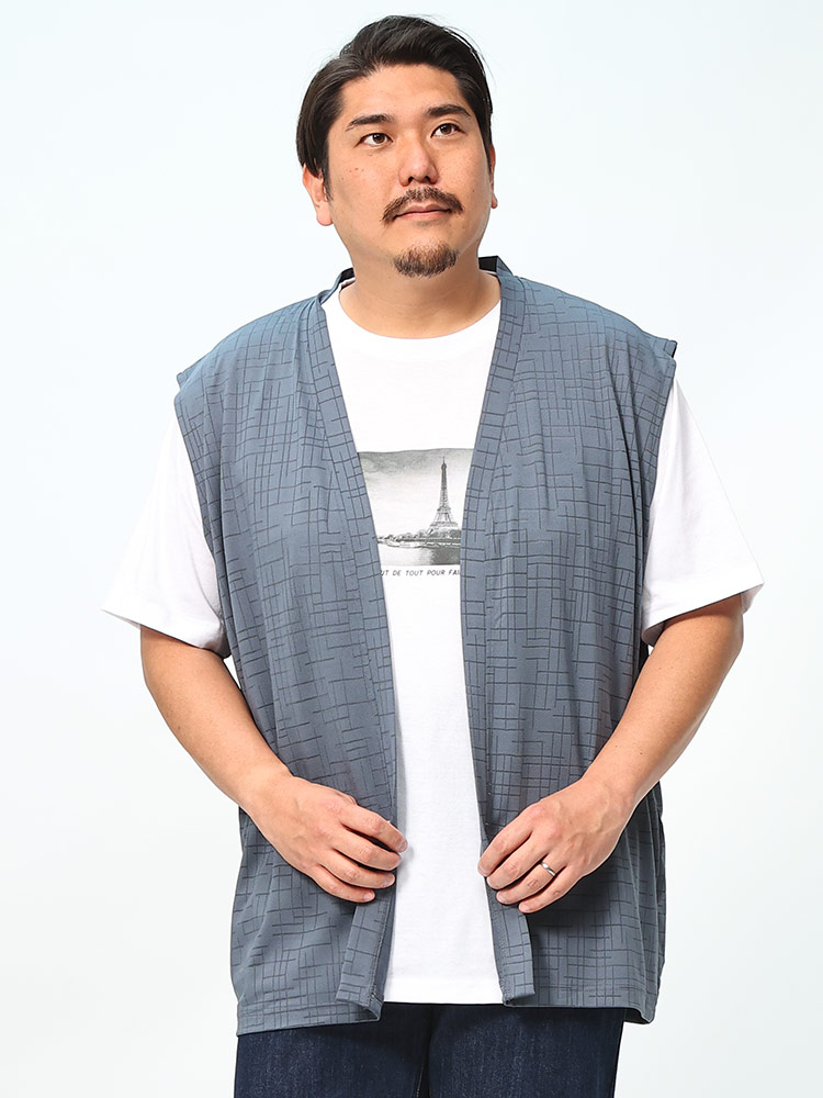 半袖 Tシャツ 2枚セット アンサンブル 透かし幾何学編み ジレベスト クルーネック  トップス セット 2枚組 大きいサイズ メンズ