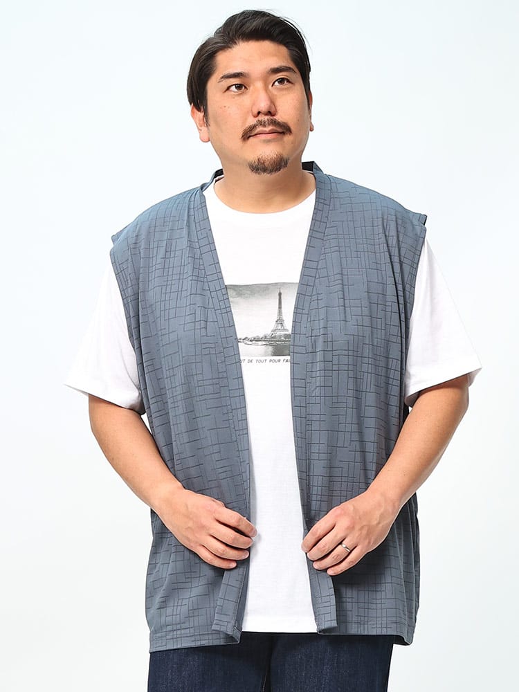 在庫処分 返品交換不可 半袖 Tシャツ 2枚セット アンサンブル 透かし幾何学編み ジレベスト クルーネック  トップス セット 2枚組 大きいサイズ メンズ