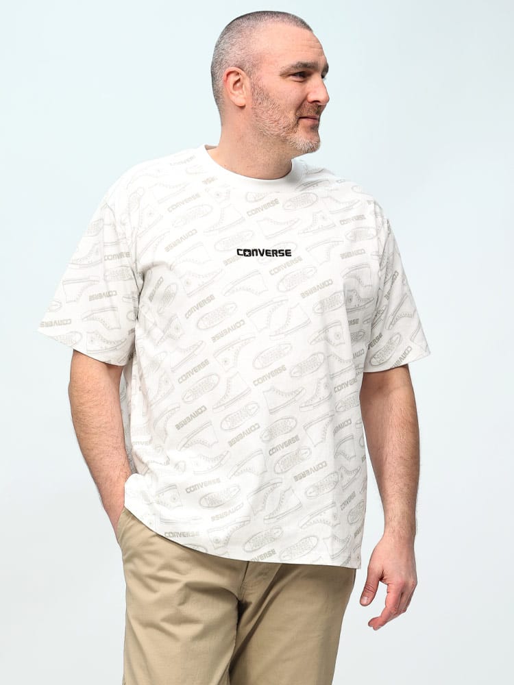 在庫処分 返品交換不可 半袖 Tシャツ コンバースシューズ総柄プリント クルーネック トップス クルー 大きいサイズ メンズ